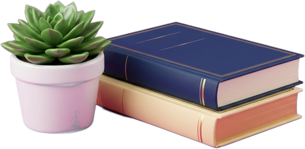 Stacked study books beside a potted succulent